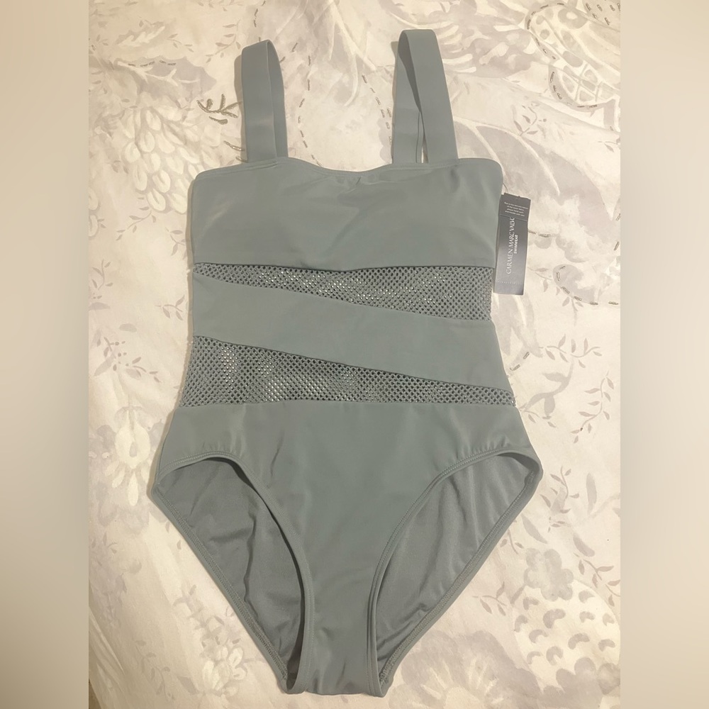 Carmen Marc Valvo Swimsuit Palm Green Mesh One Piece Bathing Suit Swim 8